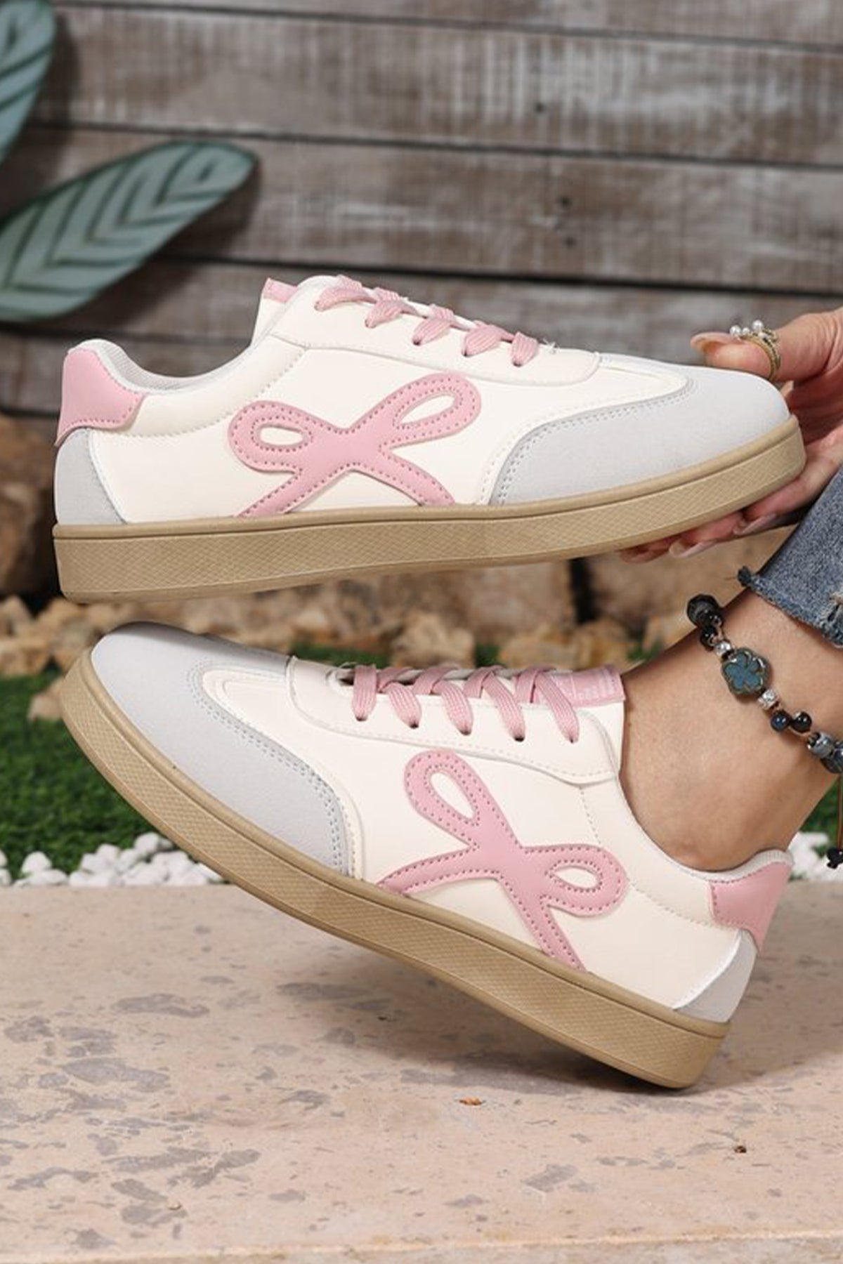 Pink Cute Bow Patch Color Block PU Leather Sneakers — image 05