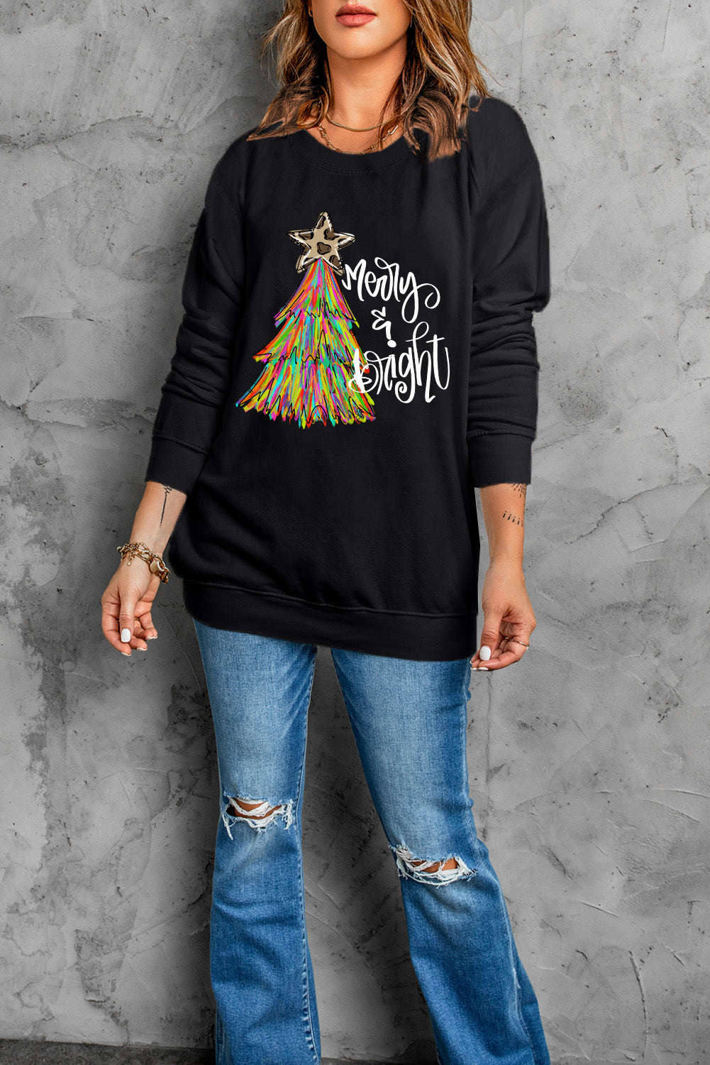 Black Merry & Bright Christmas Tree Graphic Sweatshirt — image 05