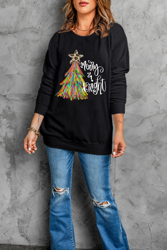 Black Merry & Bright Christmas Tree Graphic Sweatshirt — image 05