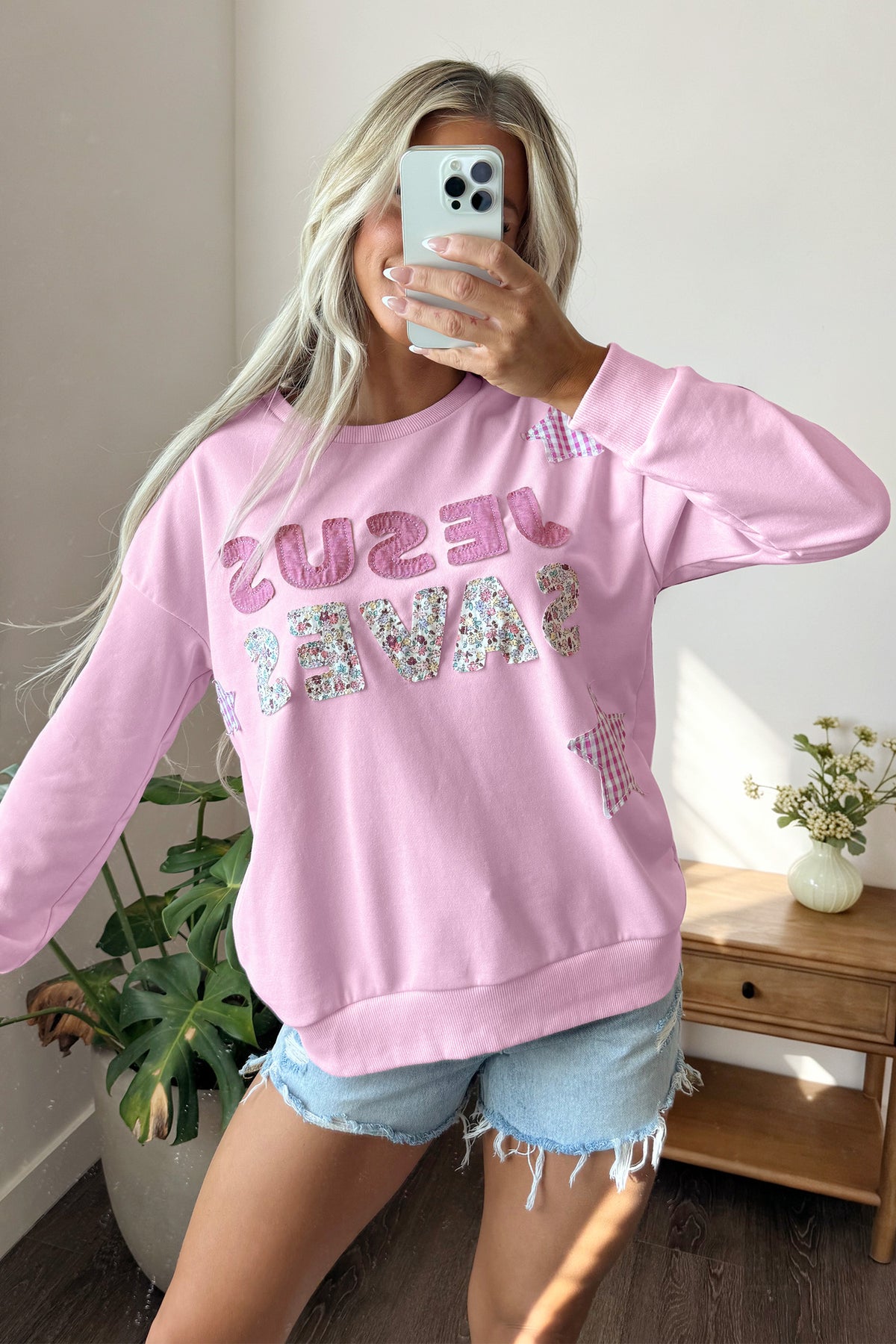 Pink JESUS SAVES Patchwork Stars Plaid Floral Letters Baggy Sweatshirt — image 05
