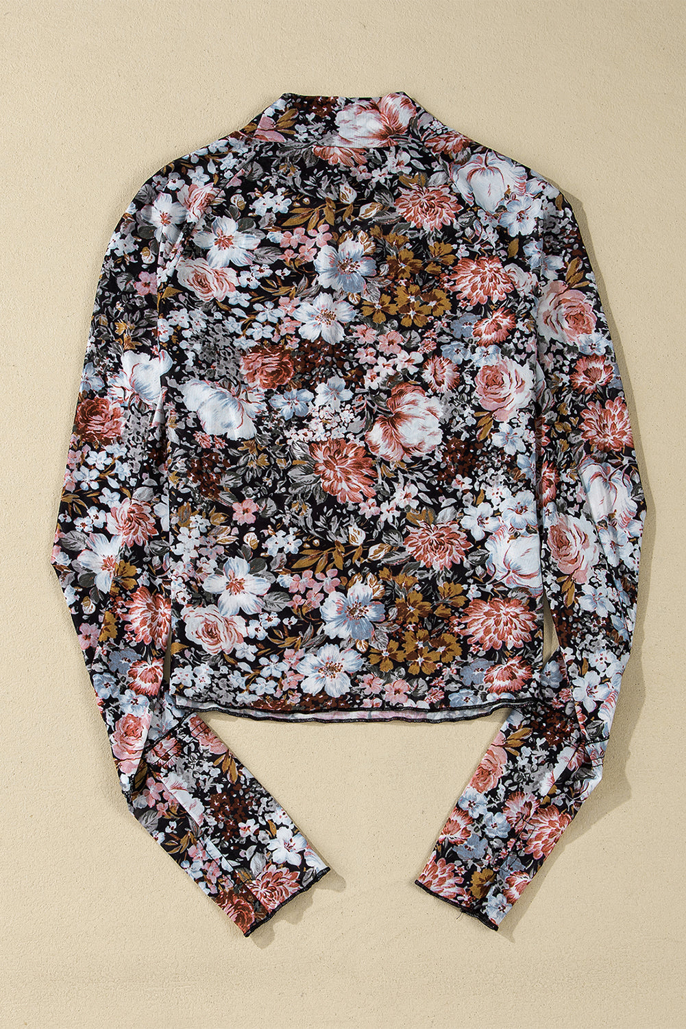Brown Floral Long Sleeve High Neck Sheath Mesh Blouse — image 05