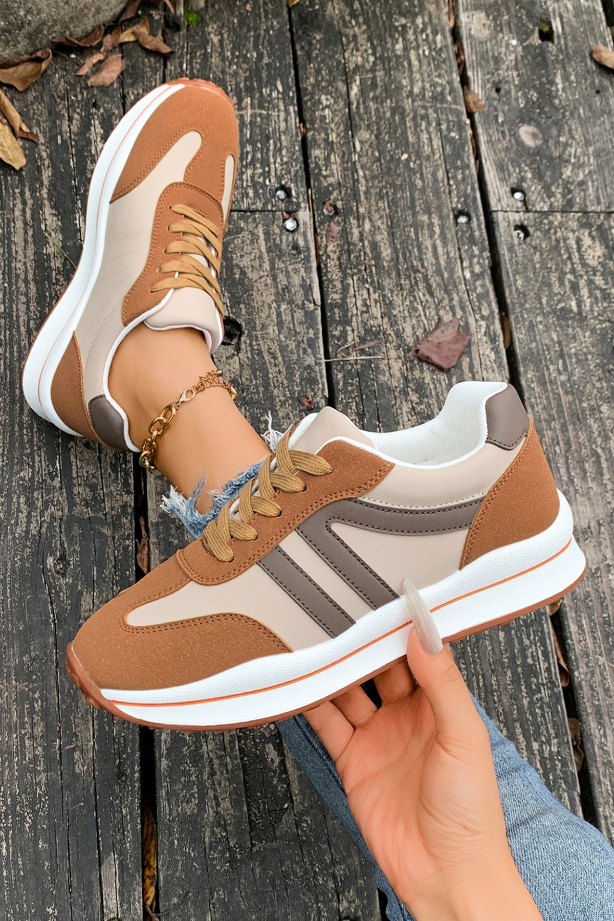 Brown Varsity Color Block Patchwork Lace-up PU Leather Sneakers — image 05