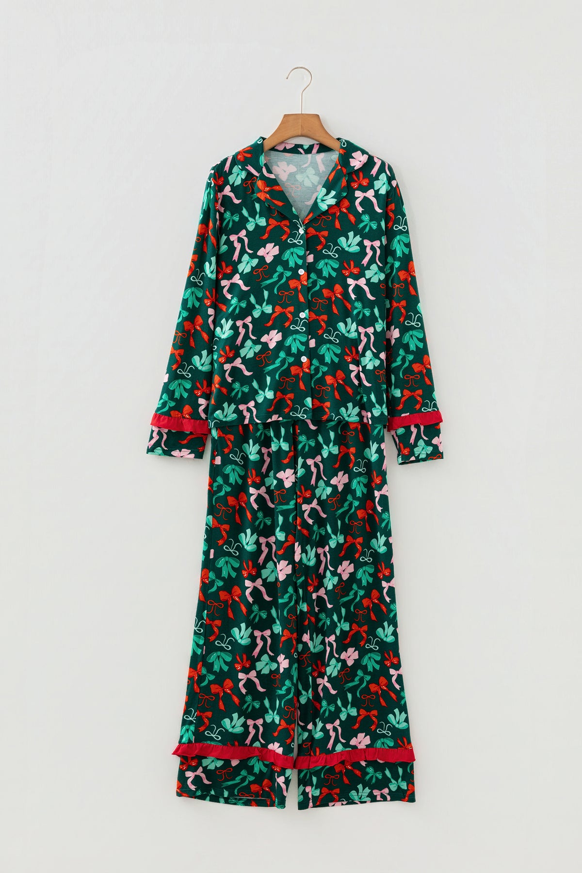 Green Festive Bow Print 2pcs Pajama Pant Set — image 06