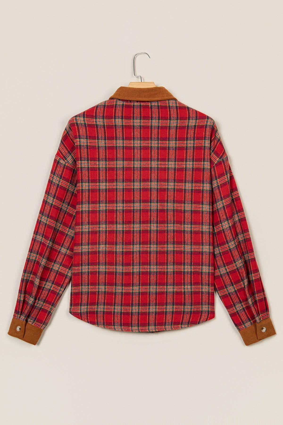 Red Plaid Color Block Collared Button Shacket — image 06