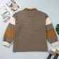 Brown Stripe Collar V Neck Color Block Pullover Top — image 06