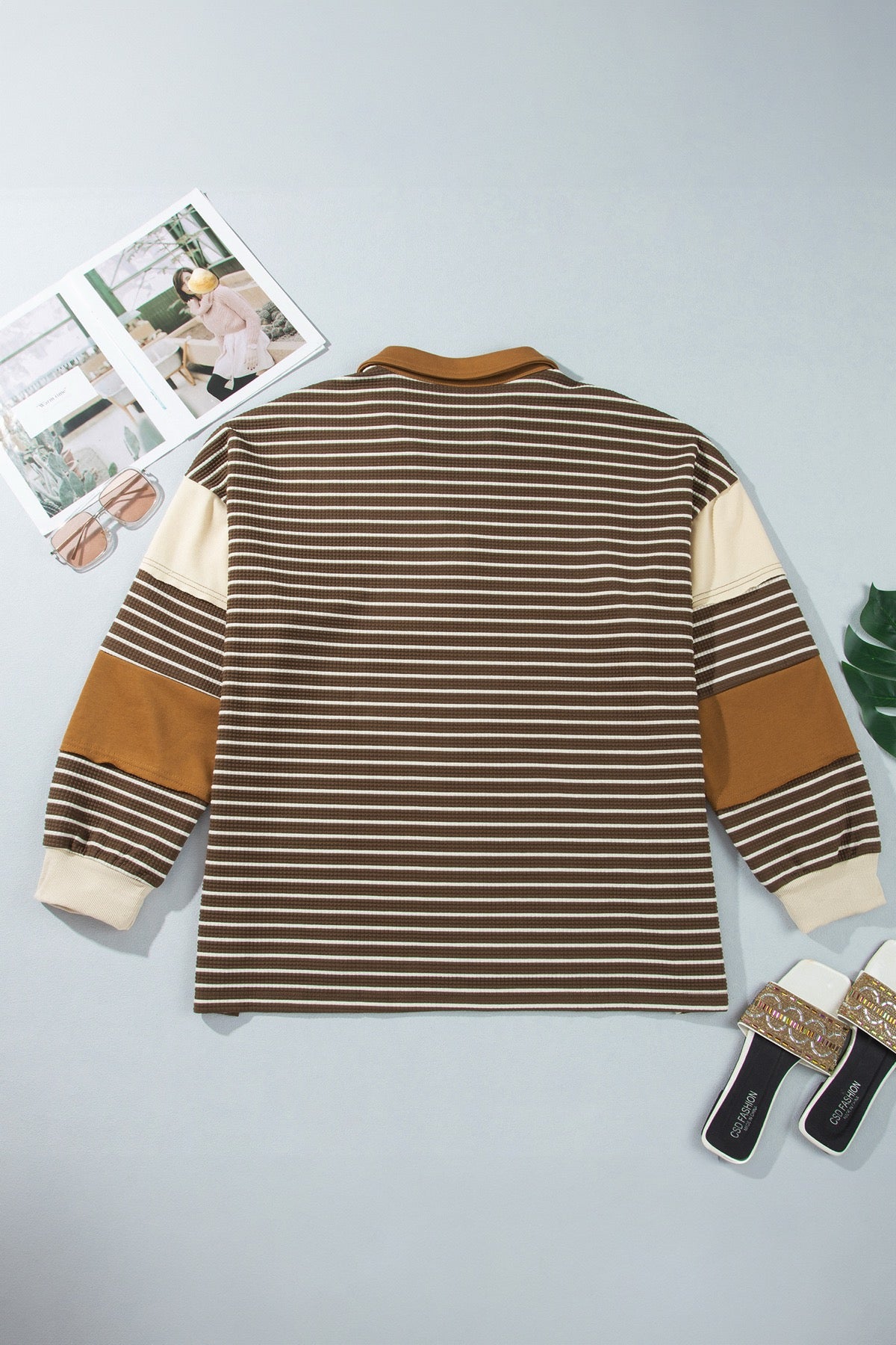 Brown Stripe Collar V Neck Color Block Pullover Top — image 06