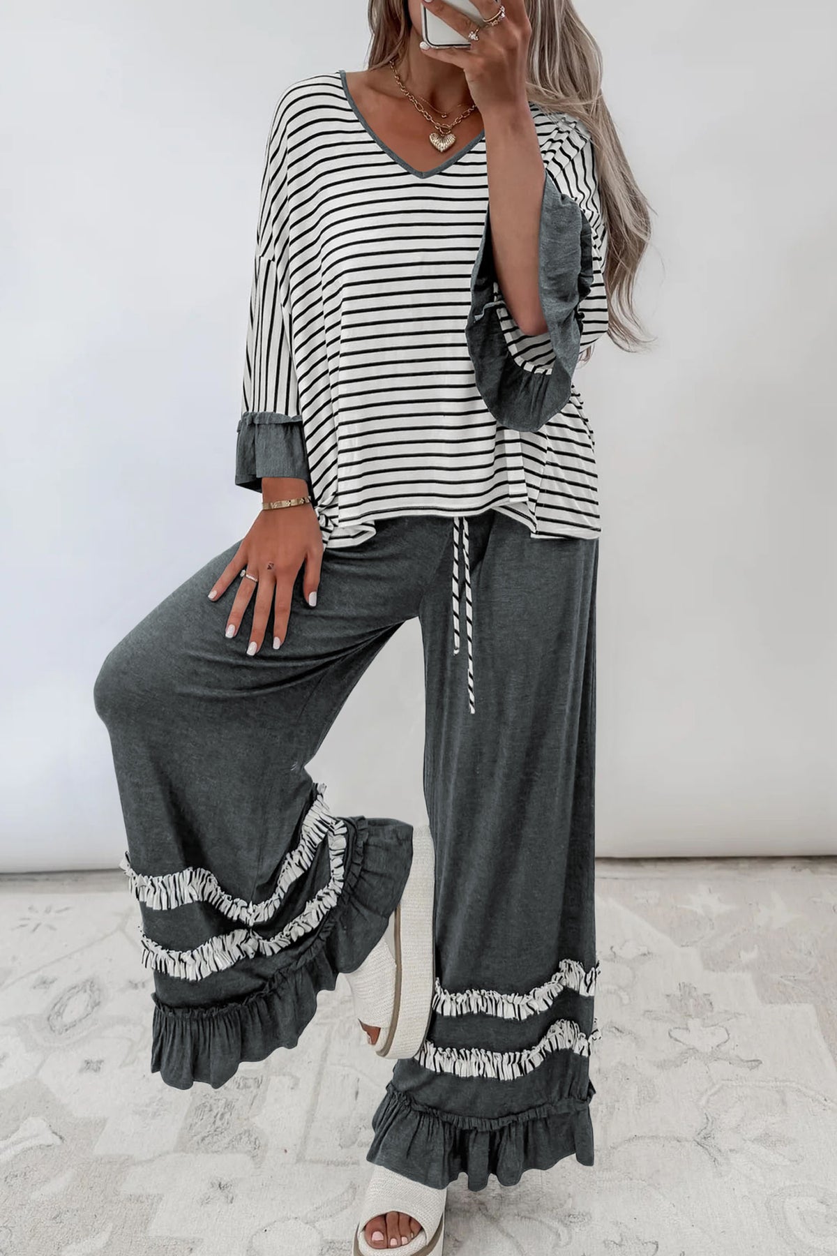 Stripe V-Neck Ruffle Contrast Sleeve Top + Drawstring Pants Set — image 06