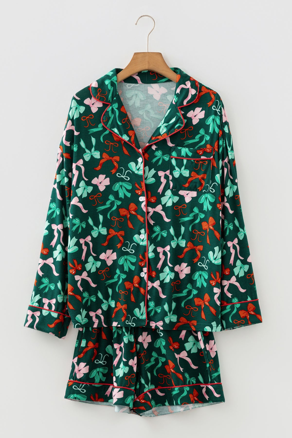Green Festive Bow Print Long Sleeve Shirt and Pajama Short Set — image 06