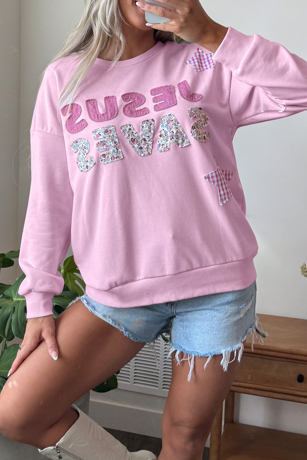Pink JESUS SAVES Patchwork Stars Plaid Floral Letters Baggy Sweatshirt — image 06