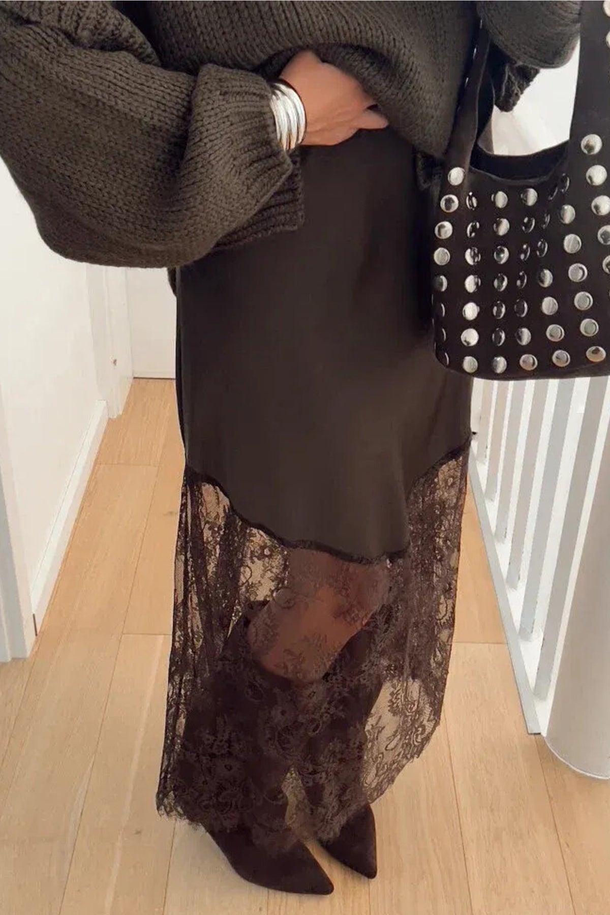 PREORDER // Dark Brown Lace Patchwork Hem Long Skirt // ETA November — image 06