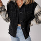 Black Plaid Sleeve Frayed Hem Hooded Denim Jacket — image 06