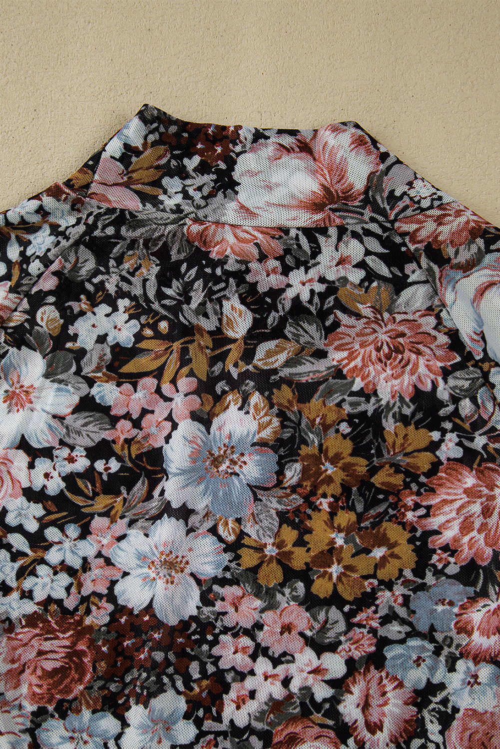 Brown Floral Long Sleeve High Neck Sheath Mesh Blouse — image 06