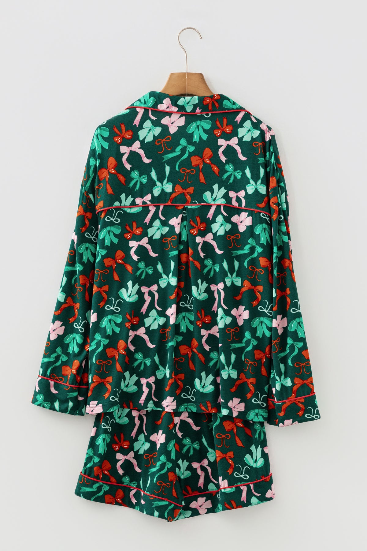 Green Festive Bow Print Long Sleeve Shirt and Pajama Short Set — image 07