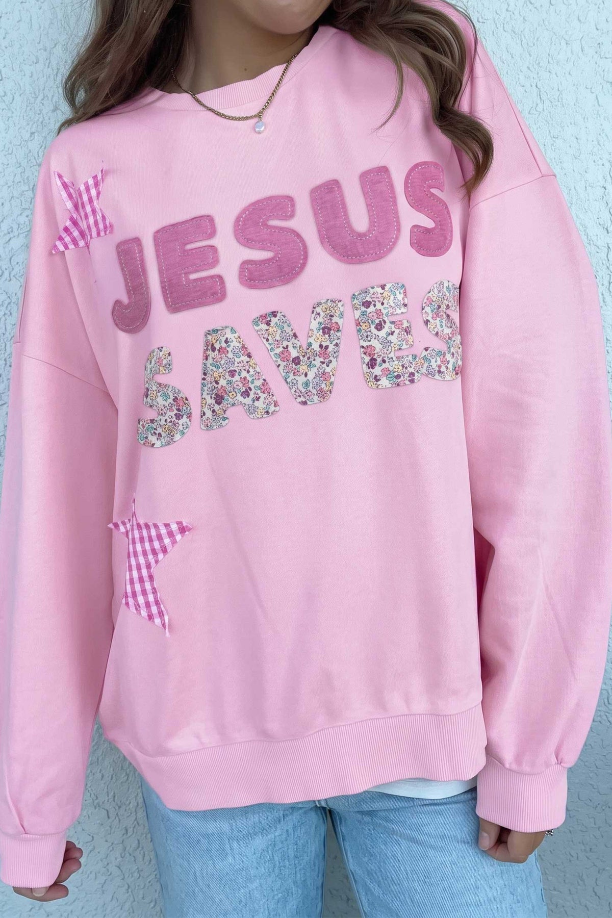 Pink JESUS SAVES Patchwork Stars Plaid Floral Letters Baggy Sweatshirt — image 07