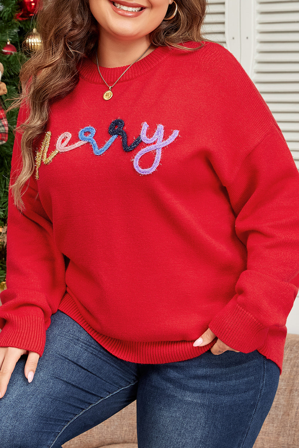 Fiery Red Tinsel Merry Letter Drop Shoulder Baggy Sweater — image 07