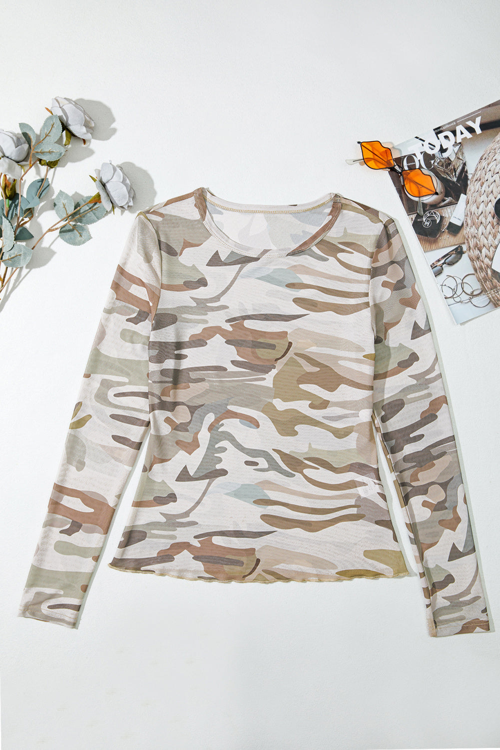 Western Fashion Camouflage Print Mesh Long Sleeve Top — image 07