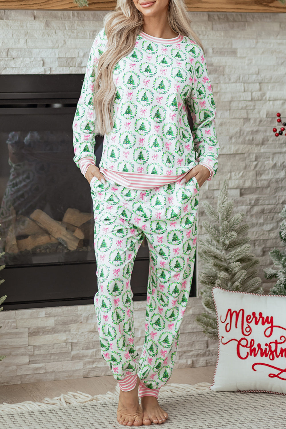 Green Bow Christmas Tree Print Contrast Striped Banding 2pcs Lounge Set — image 07