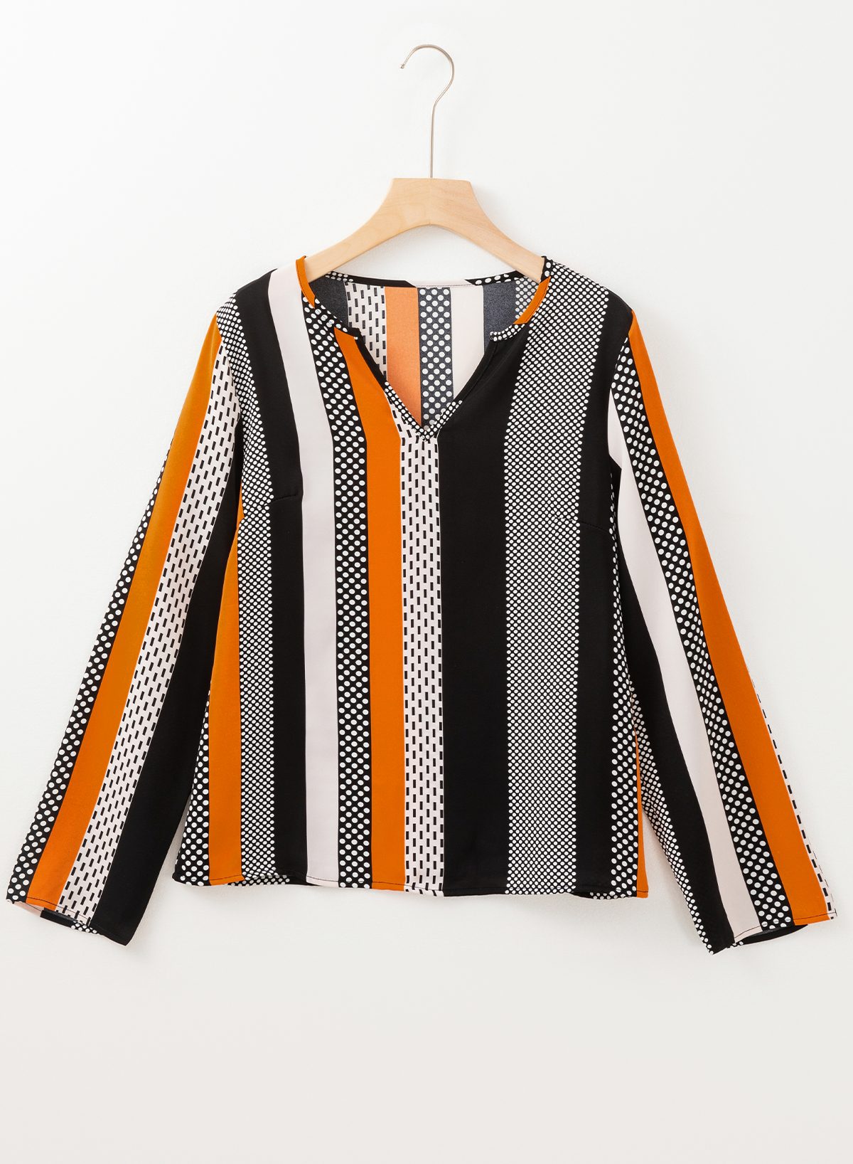 Orange Geo Print Colorblock Notched V Neck Blouse — image 07