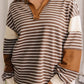 Brown Stripe Collar V Neck Color Block Pullover Top — image 07