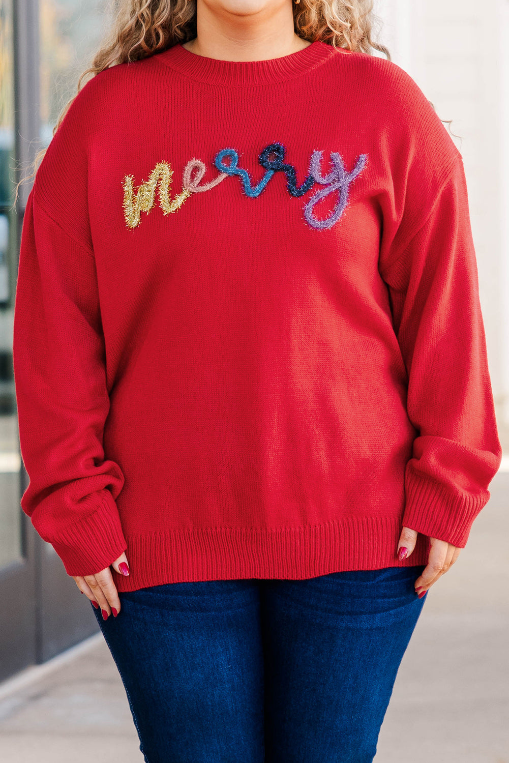 Fiery Red Tinsel Merry Letter Drop Shoulder Baggy Sweater — image 08
