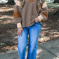 Brown Stripe Collar V Neck Color Block Pullover Top — image 08