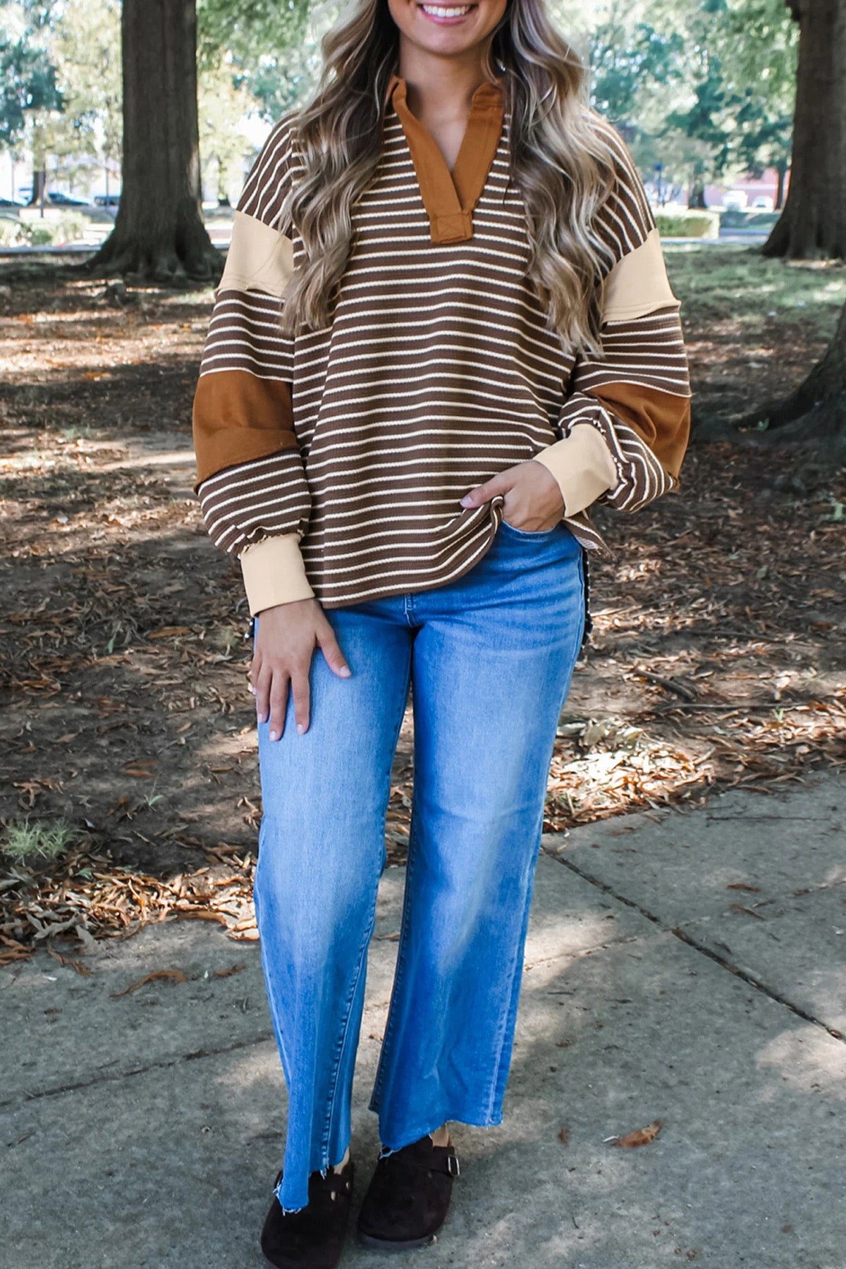 Brown Stripe Collar V Neck Color Block Pullover Top — image 08