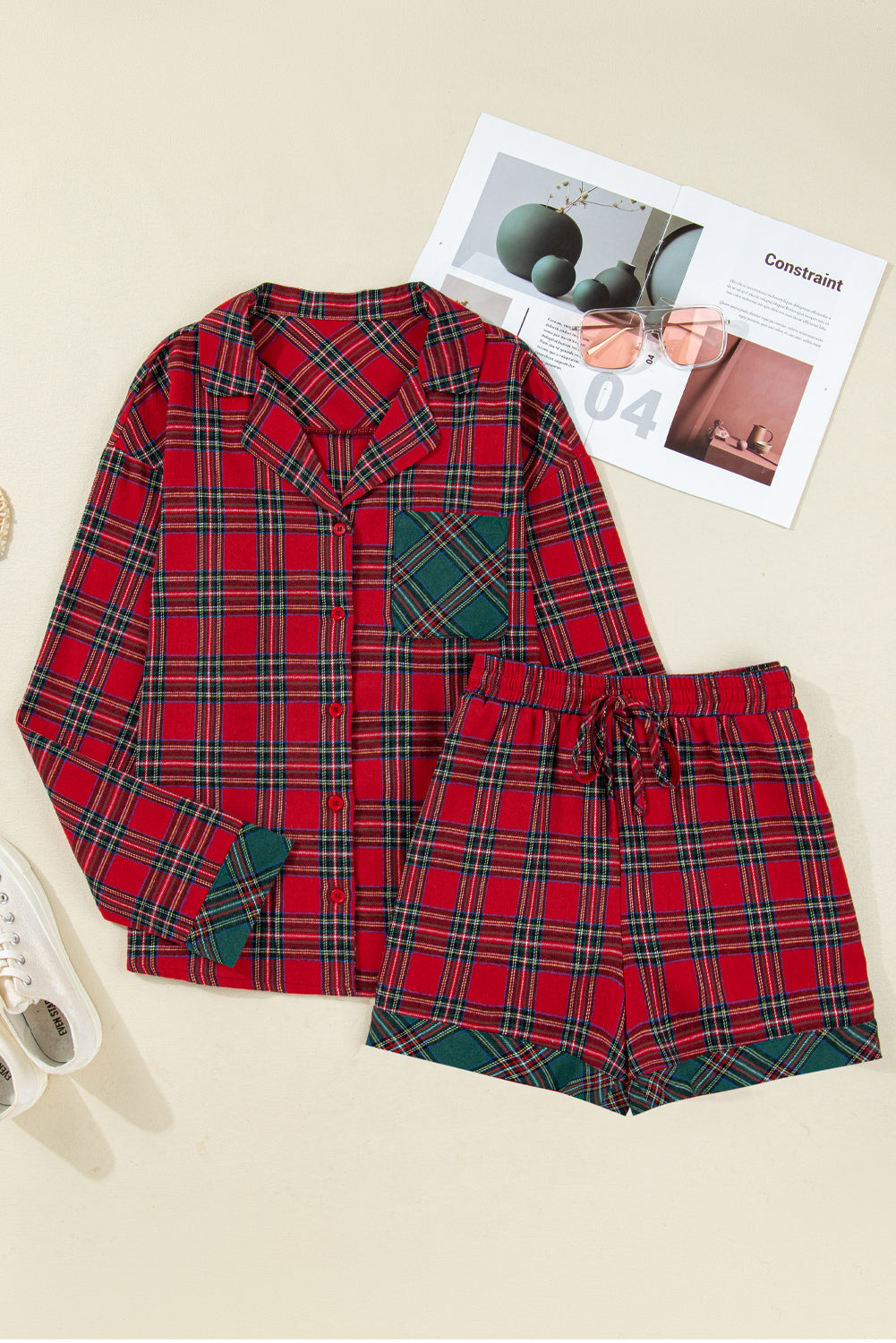 Red Plaid Contrast Patched Christmas Shirt & Short Pajama Set — image 08