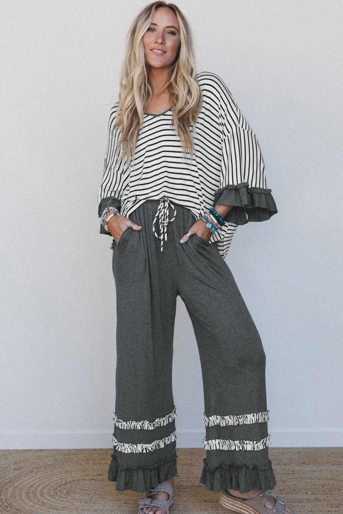 Stripe V-Neck Ruffle Contrast Sleeve Top + Drawstring Pants Set — image 08