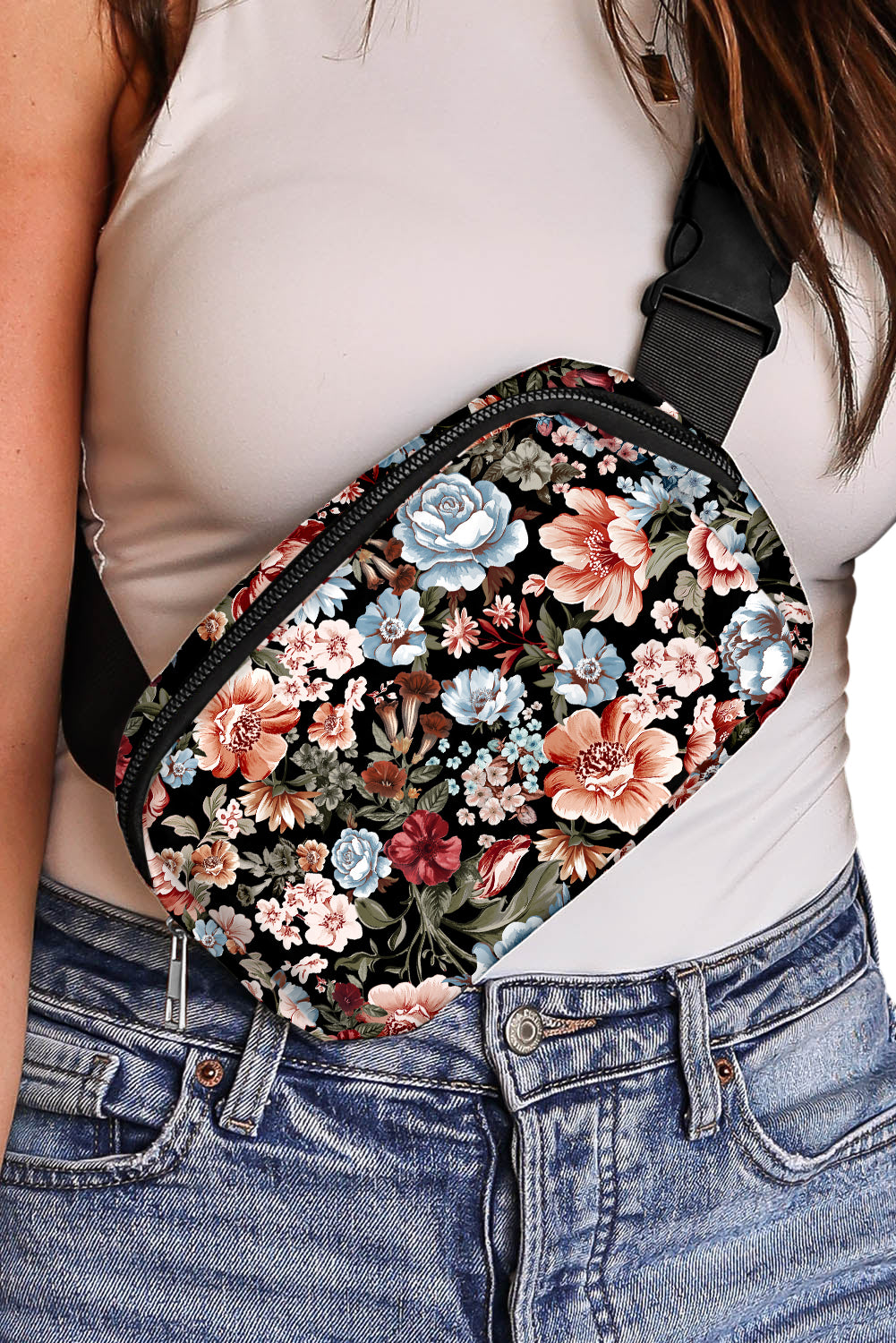 Black Floral Print Zipper Wide Strap Sling Bag — image 08