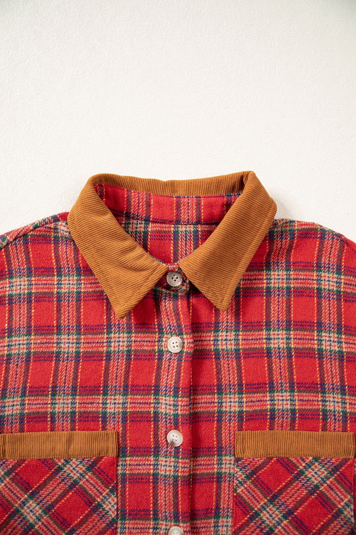 Red Plaid Color Block Collared Button Shacket — image 08