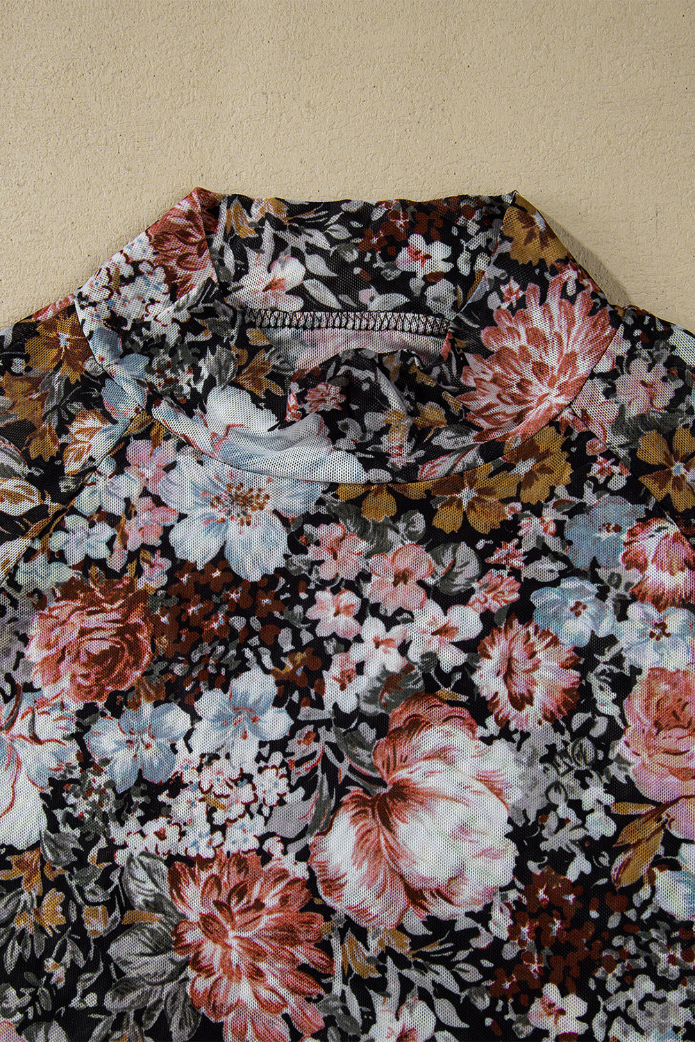 Brown Floral Long Sleeve High Neck Sheath Mesh Blouse — image 08