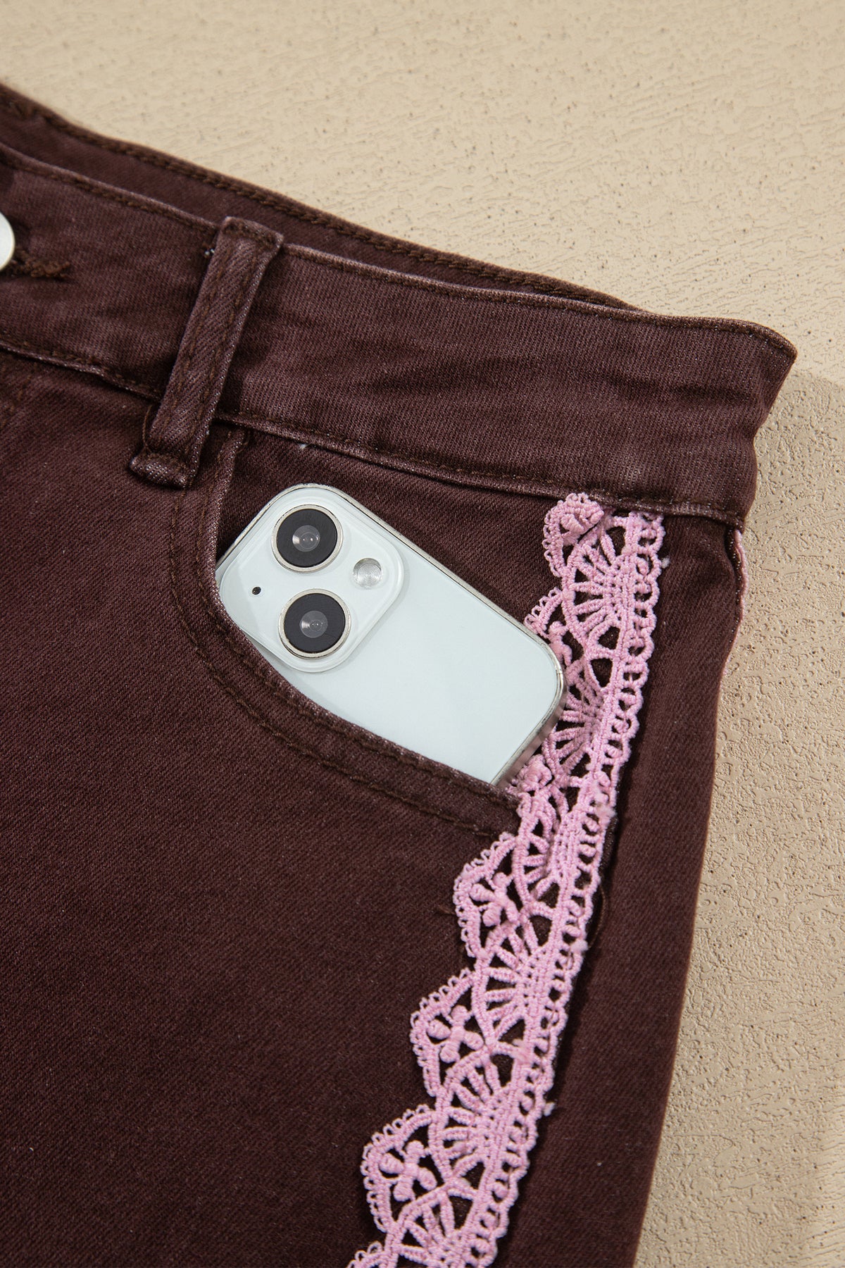 Coffee Lace Trim Casual Full-Length Regular Fit Jeans — image 09
