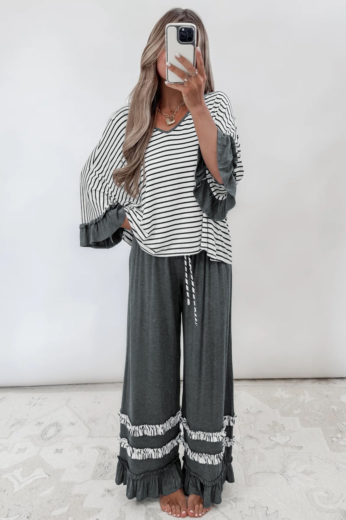 Stripe V-Neck Ruffle Contrast Sleeve Top + Drawstring Pants Set — image 09