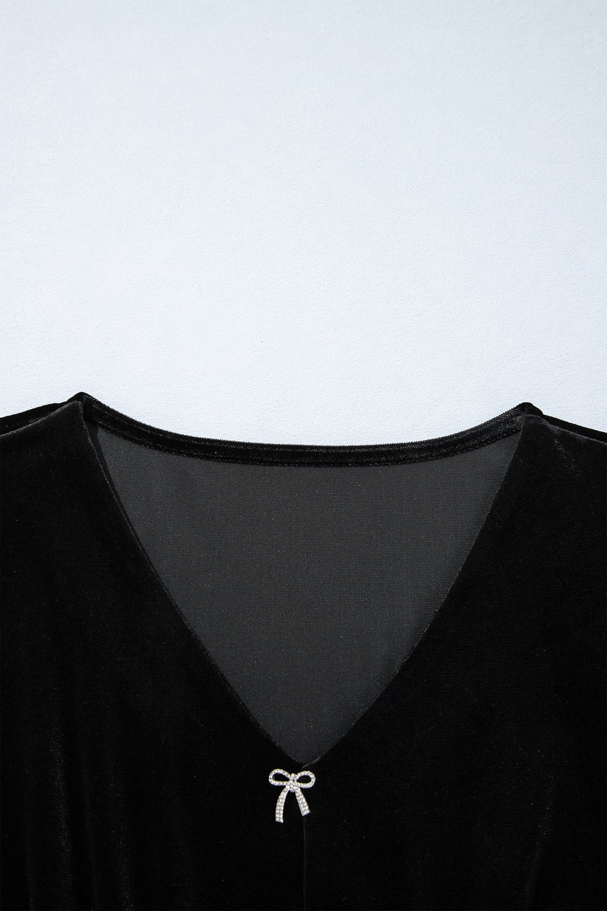 Black V Neck Bow Decorations Peplum Hem Shift Silhouette Short Sleeve Blouse — image 09