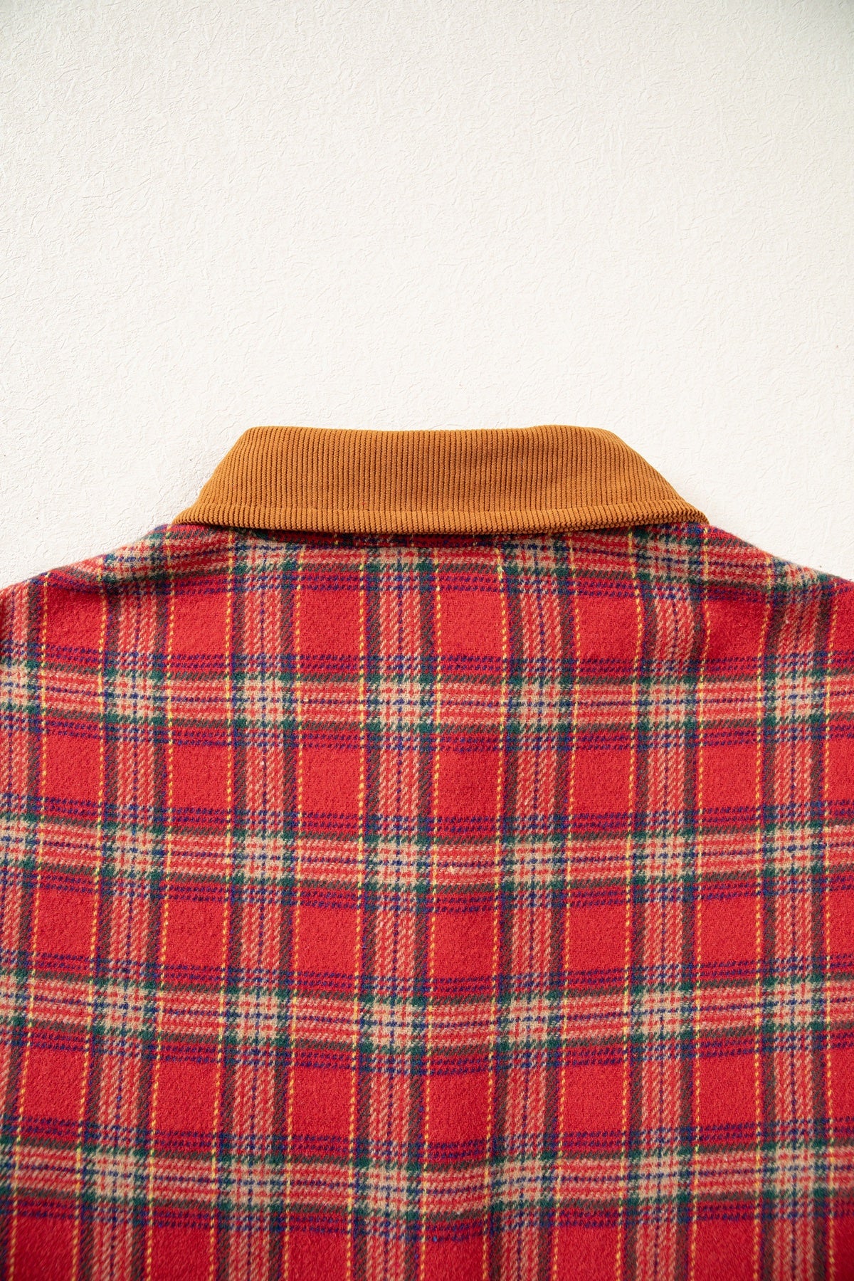 Red Plaid Color Block Collared Button Shacket — image 09