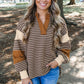 Brown Stripe Collar V Neck Color Block Pullover Top — image 09
