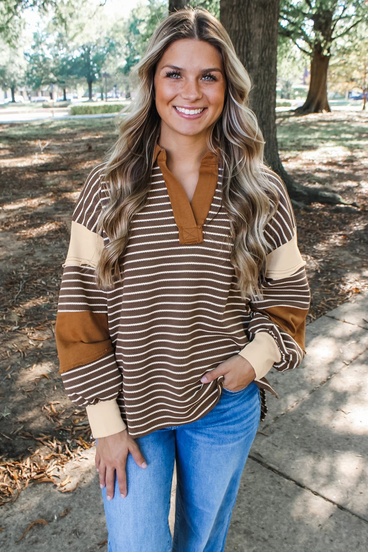 Brown Stripe Collar V Neck Color Block Pullover Top — image 09