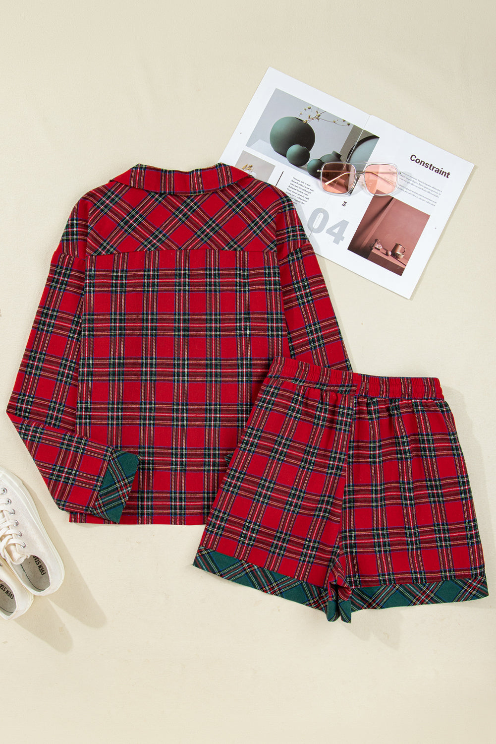 Red Plaid Contrast Patched Christmas Shirt & Short Pajama Set — image 09