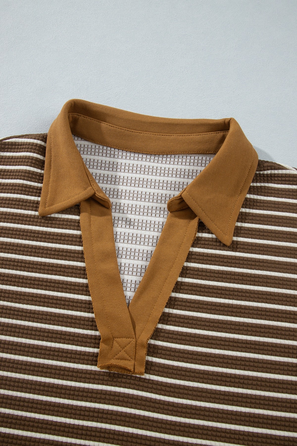 Brown Stripe Collar V Neck Color Block Pullover Top — image 09