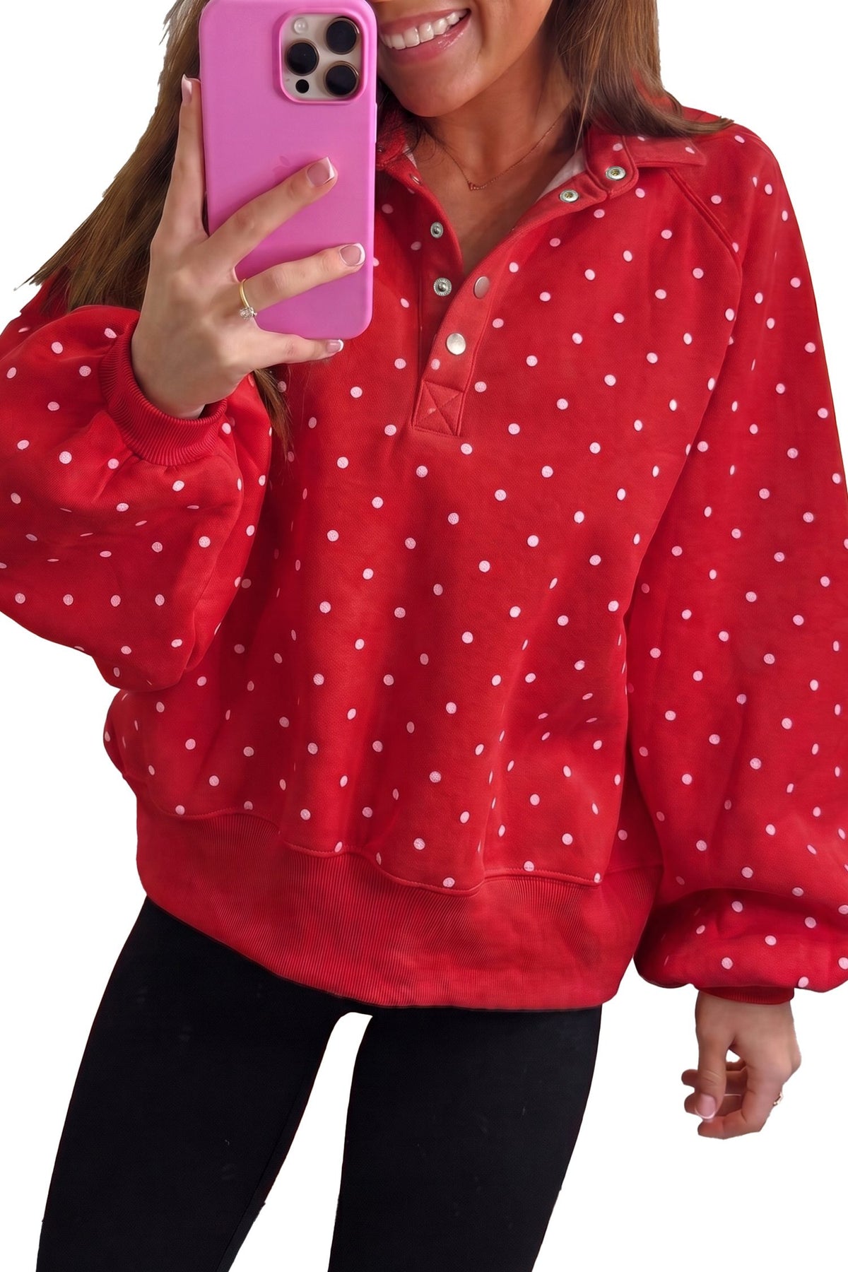 Red Polka Dot Print Metal Button Collar Casual Pullover Sweatshirt — image 09