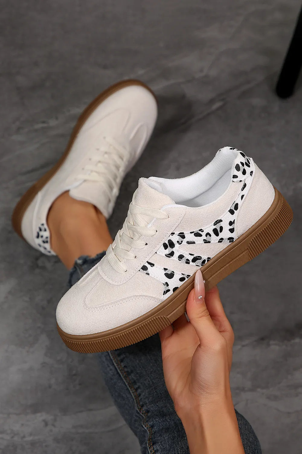 SHIPS FREE TODAY // White Suede Leopard Color Block Trim Lace Ups