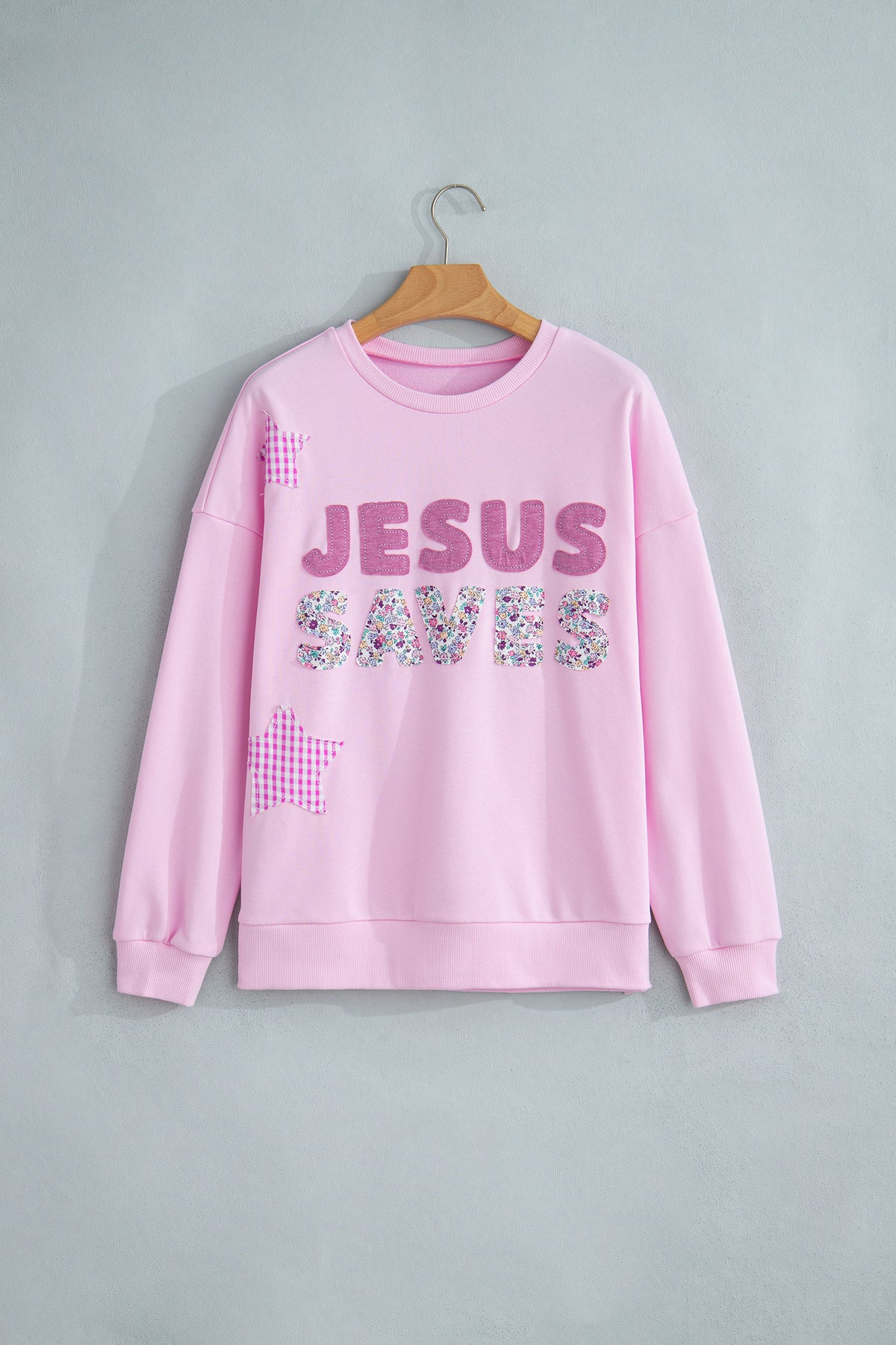 Pink JESUS SAVES Patchwork Stars Plaid Floral Letters Baggy Sweatshirt — image 10