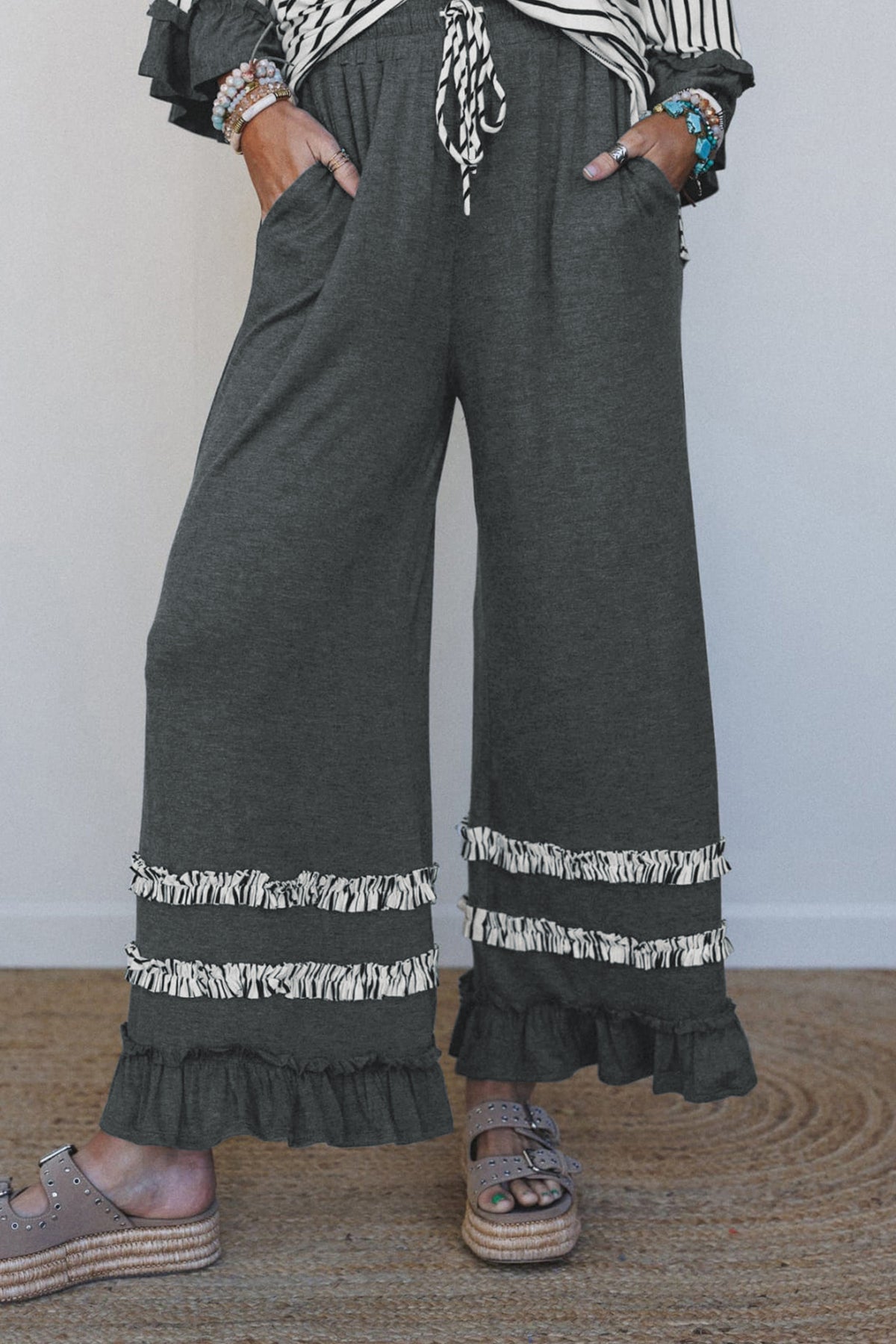 Stripe V-Neck Ruffle Contrast Sleeve Top + Drawstring Pants Set — image 10