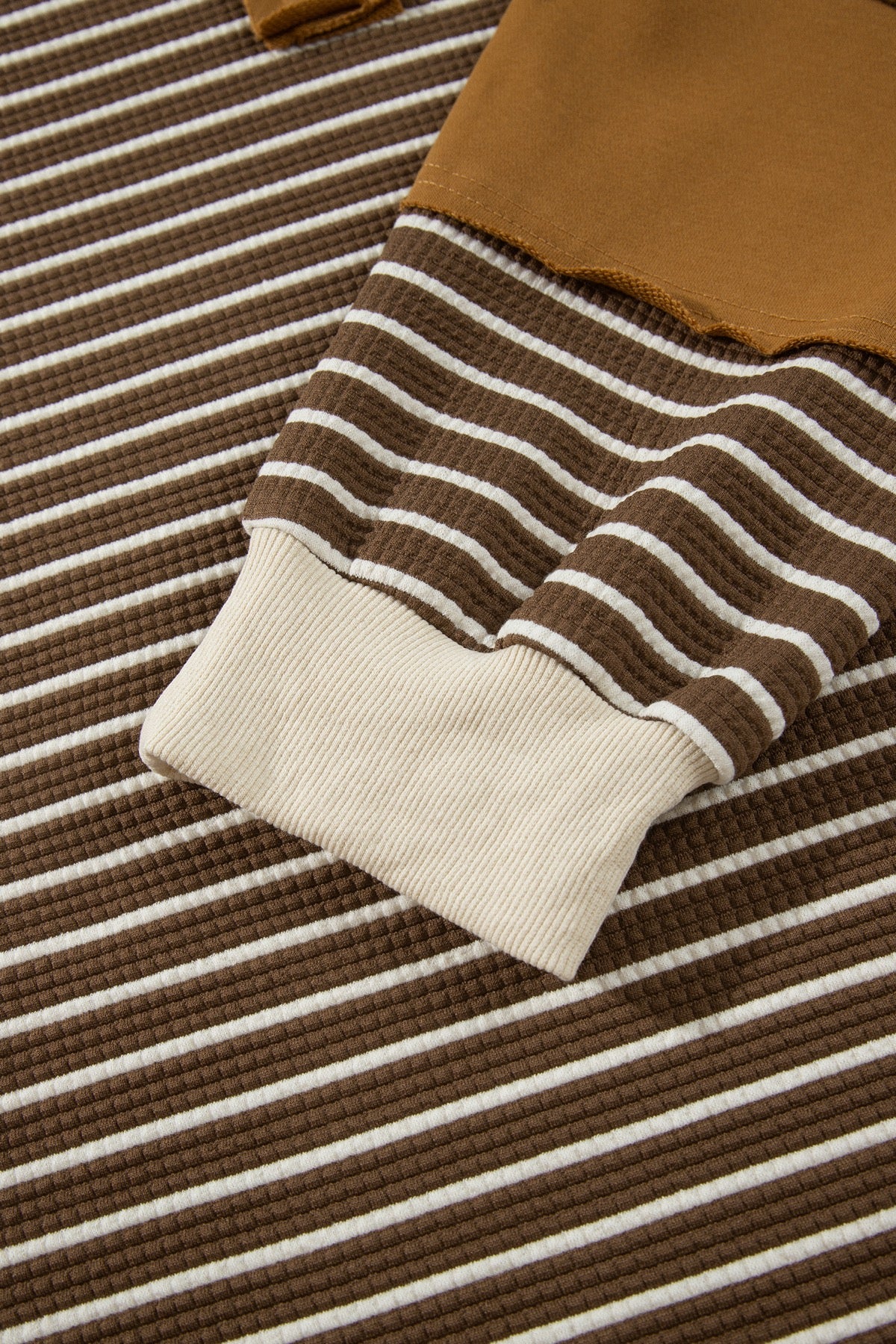Brown Stripe Collar V Neck Color Block Pullover Top — image 10