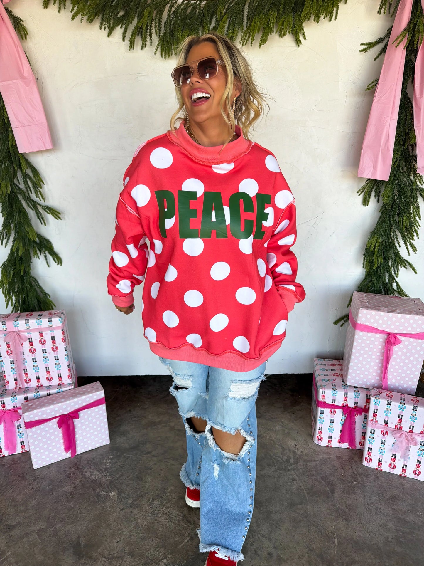 PREORDER: Peace & Polka Dot Mock Neck Pullover // ETA October - Early Nov