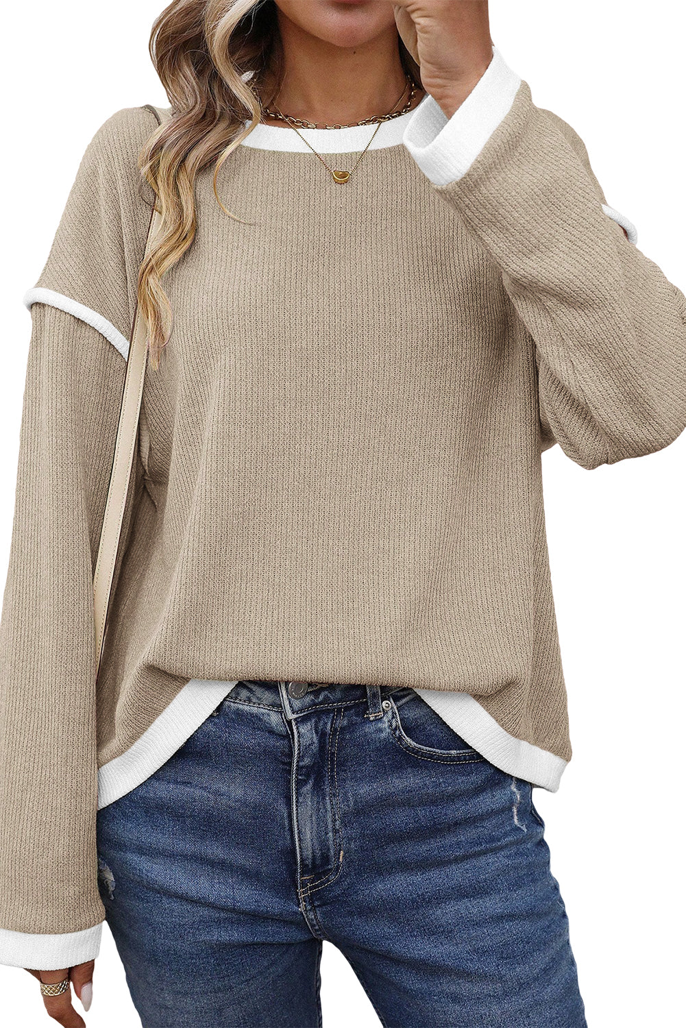 Light Pink Contrast Color Trim Knit Drop Shoulder Loose Top — image 11