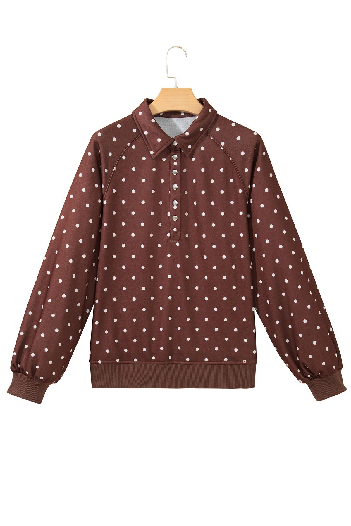 Brown Polka Dot Print Metal Button Collar Casual Pullover Sweatshirt — image 11