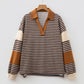 Brown Stripe Collar V Neck Color Block Pullover Top — image 11