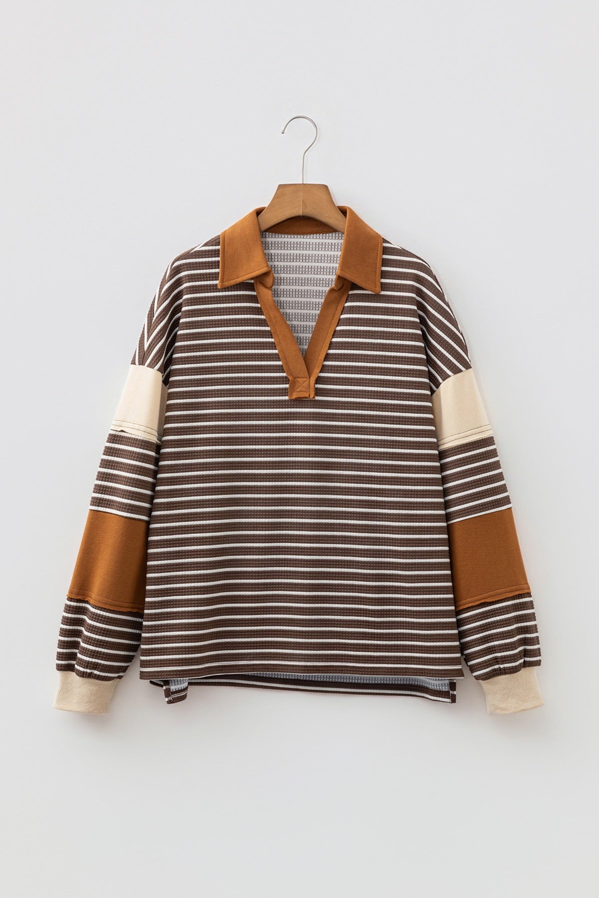Brown Stripe Collar V Neck Color Block Pullover Top — image 11