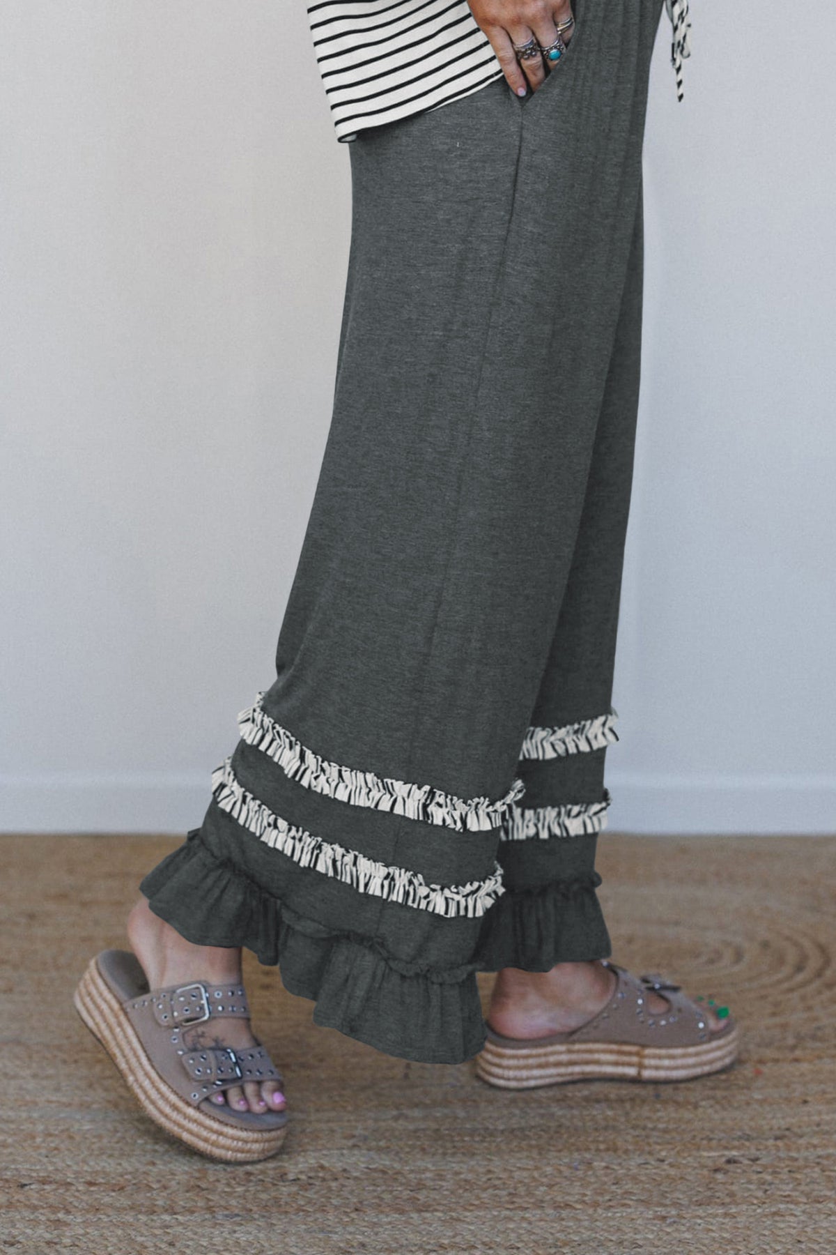 Stripe V-Neck Ruffle Contrast Sleeve Top + Drawstring Pants Set — image 11